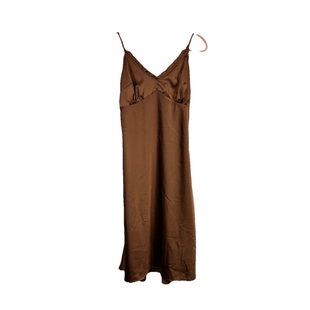 Japna Brown Satin Slip Dress L Y2K 90s Grunge Sleek Minimalist Side Slit Fairy‎